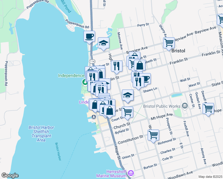 map of restaurants, bars, coffee shops, grocery stores, and more near 34 Central Street in Bristol