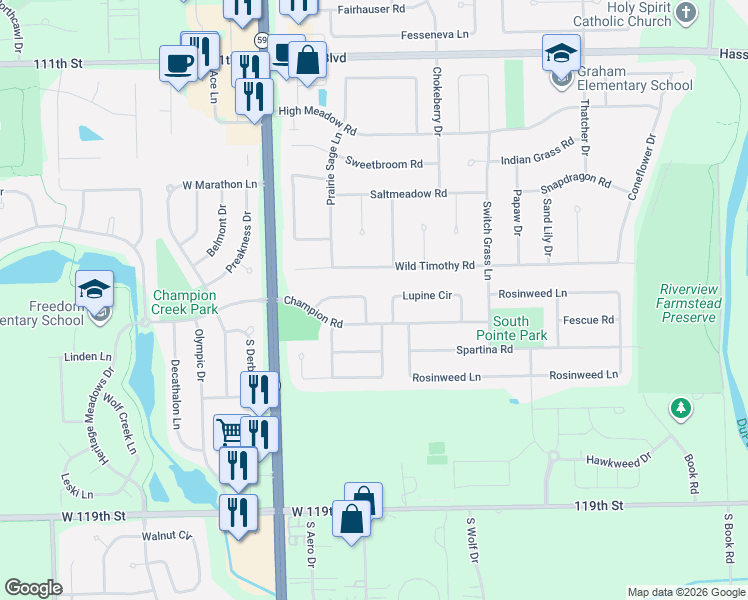 map of restaurants, bars, coffee shops, grocery stores, and more near 2811 Lobelia Circle in Naperville
