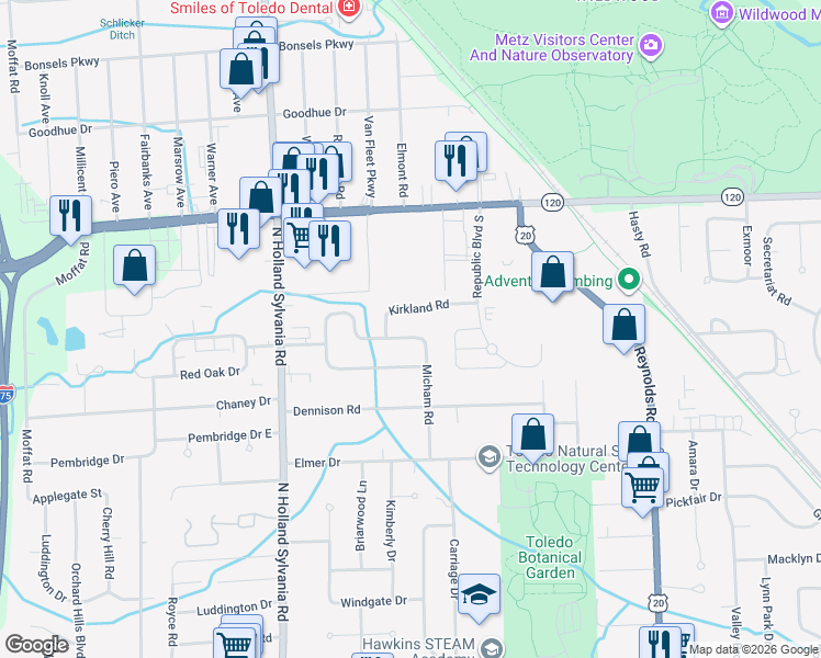 map of restaurants, bars, coffee shops, grocery stores, and more near 5656 Pheasant Hollow Drive in Toledo