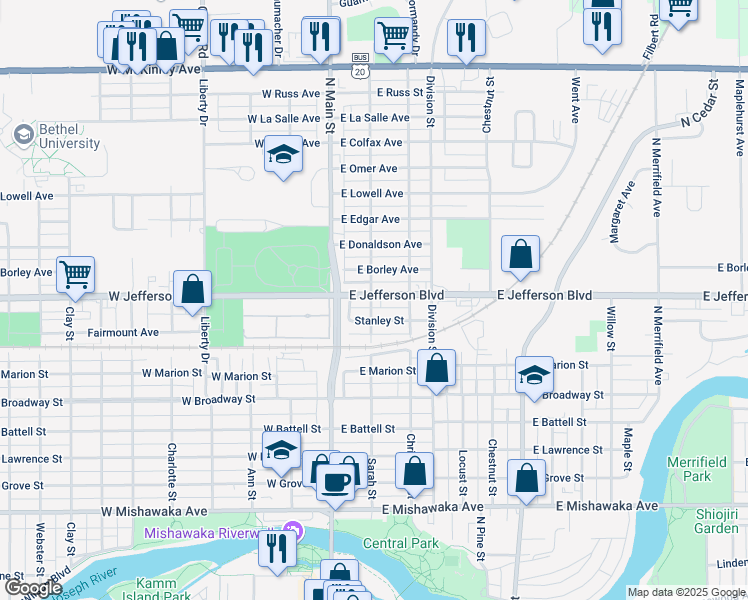 map of restaurants, bars, coffee shops, grocery stores, and more near 201 East Jefferson Boulevard in Mishawaka