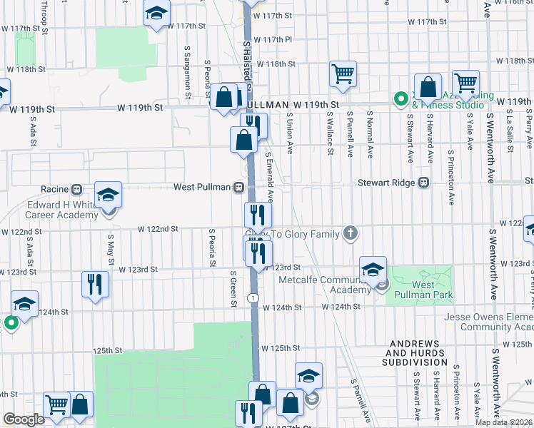 map of restaurants, bars, coffee shops, grocery stores, and more near 12140 South Emerald Avenue in Chicago