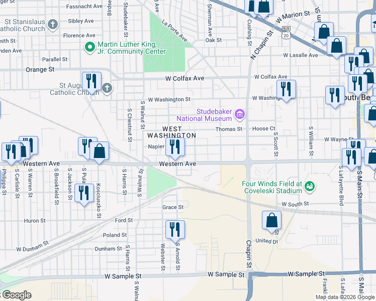 map of restaurants, bars, coffee shops, grocery stores, and more near 1112 Napier Street in South Bend