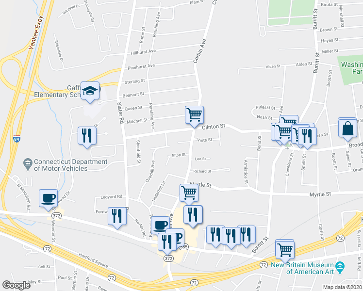 map of restaurants, bars, coffee shops, grocery stores, and more near 24 Birdseye Street in New Britain