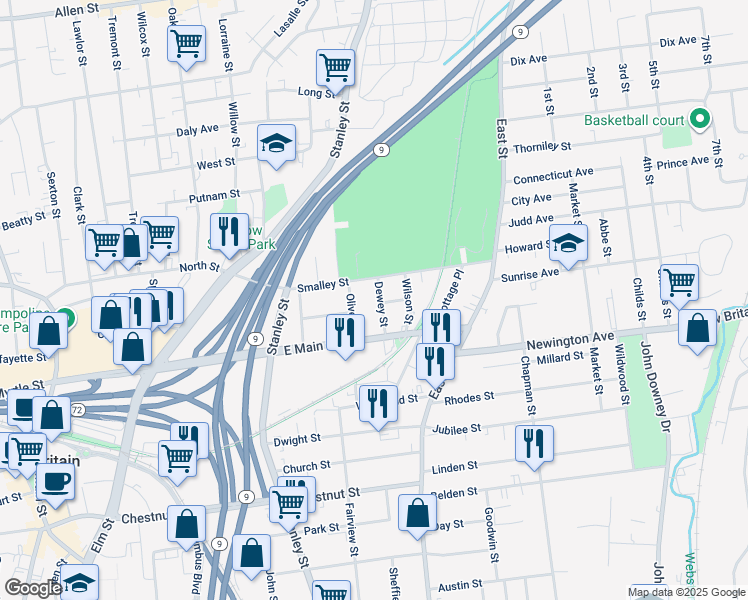 map of restaurants, bars, coffee shops, grocery stores, and more near 40 Dewey Street in New Britain