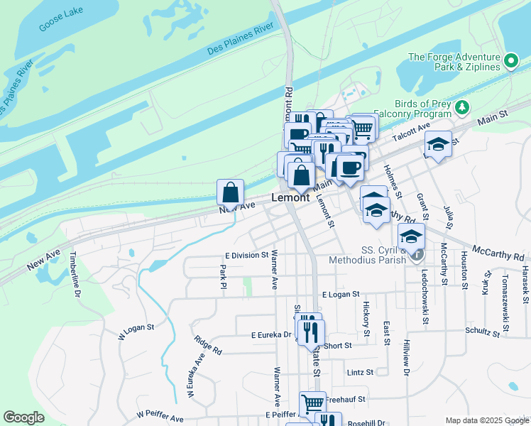 map of restaurants, bars, coffee shops, grocery stores, and more near 216 Lockport Street in Lemont