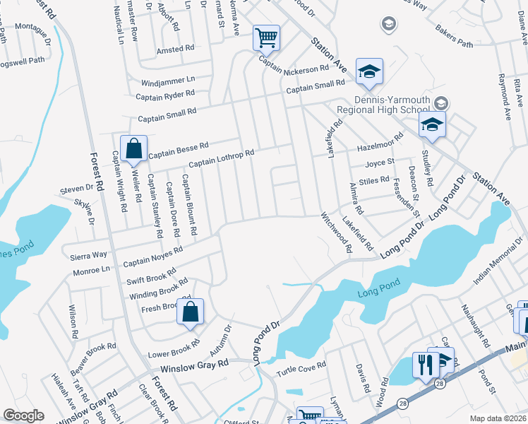 map of restaurants, bars, coffee shops, grocery stores, and more near 5 General Lawrence Road in Yarmouth