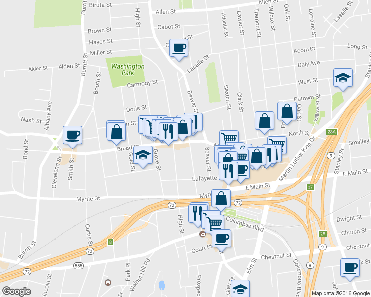 map of restaurants, bars, coffee shops, grocery stores, and more near 192 Washington Street in New Britain