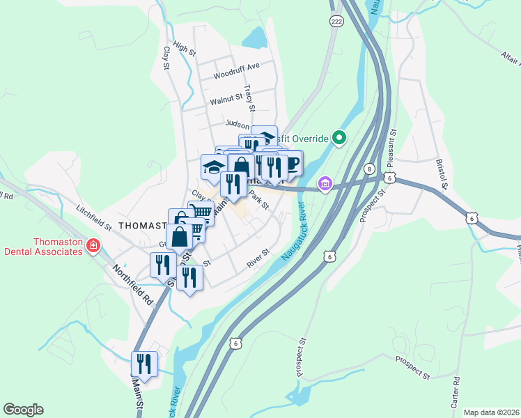 map of restaurants, bars, coffee shops, grocery stores, and more near 15 Etheridge Court in Thomaston