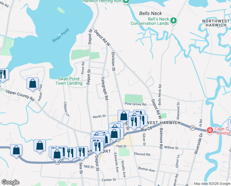 map of restaurants, bars, coffee shops, grocery stores, and more near 229 Division Street in Dennis