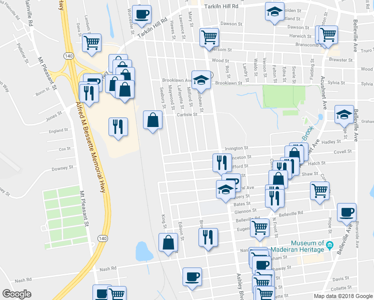 map of restaurants, bars, coffee shops, grocery stores, and more near 267-269 Irvington Street in New Bedford