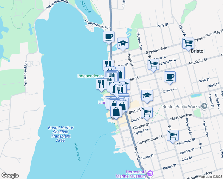 map of restaurants, bars, coffee shops, grocery stores, and more near 412 Thames Street in Bristol
