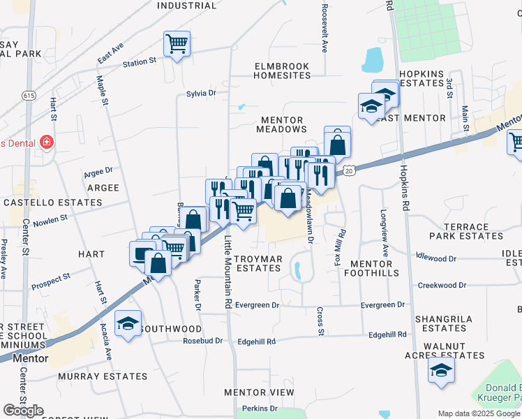 map of restaurants, bars, coffee shops, grocery stores, and more near 8780 Mentor Avenue in Mentor