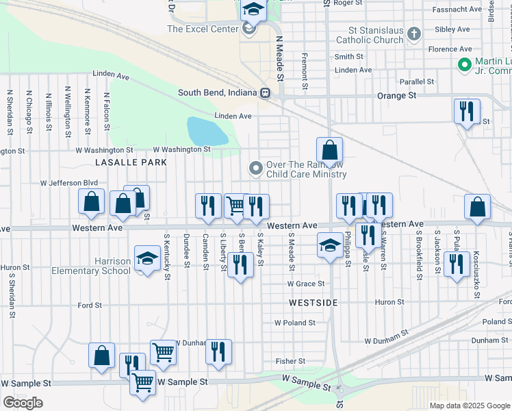 map of restaurants, bars, coffee shops, grocery stores, and more near 237 South Kaley Street in South Bend