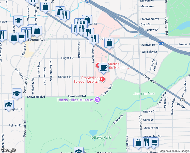 map of restaurants, bars, coffee shops, grocery stores, and more near 2696 Midwood Avenue in Toledo