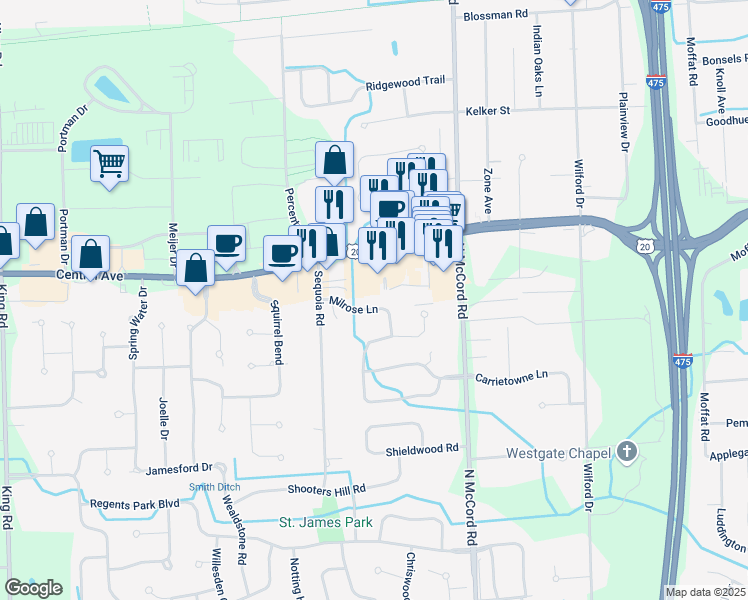 map of restaurants, bars, coffee shops, grocery stores, and more near 6824 Milrose Lane in Toledo