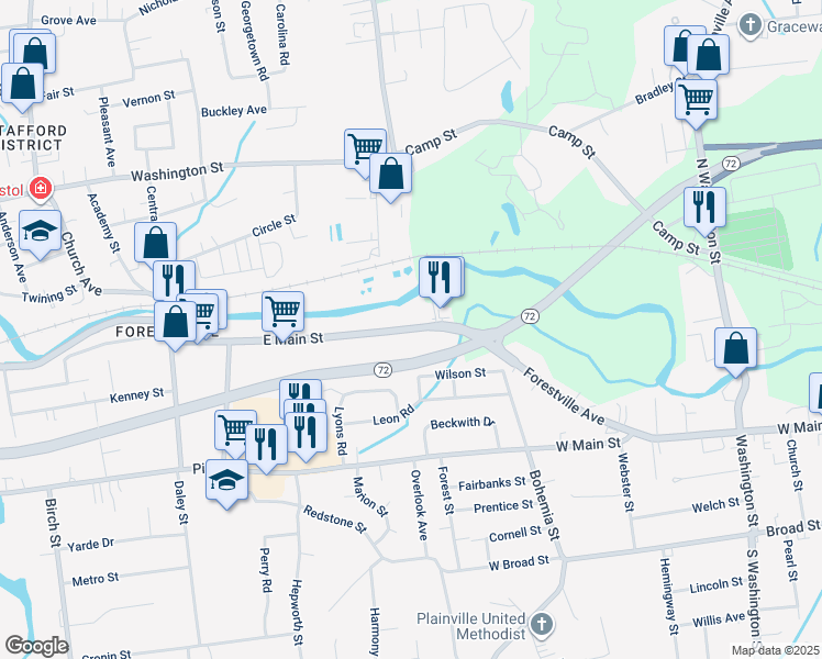 map of restaurants, bars, coffee shops, grocery stores, and more near 112 Forestville Avenue in Bristol
