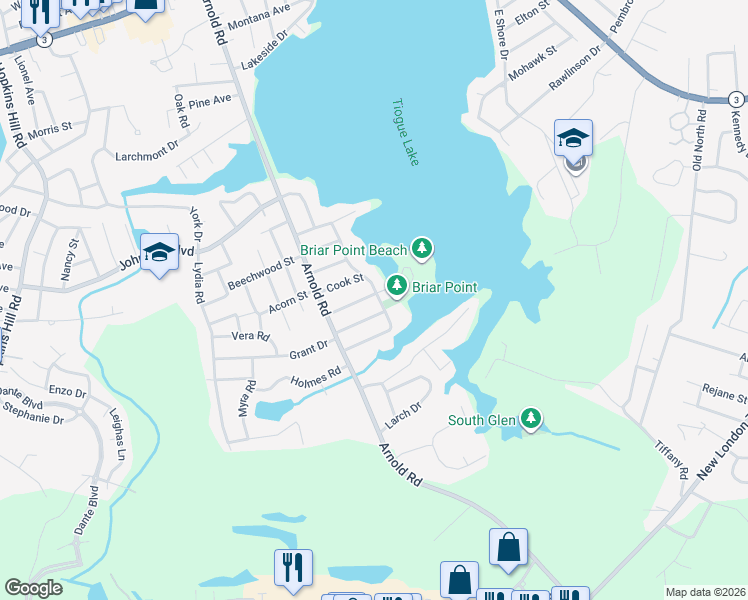 map of restaurants, bars, coffee shops, grocery stores, and more near 75 West Shore Drive in Coventry