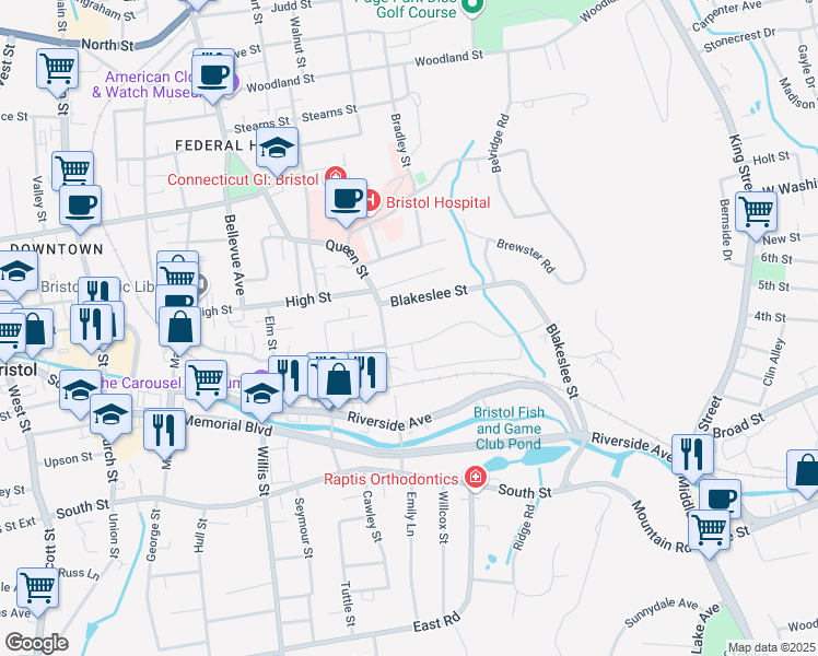 map of restaurants, bars, coffee shops, grocery stores, and more near 279 Queen Street in Bristol