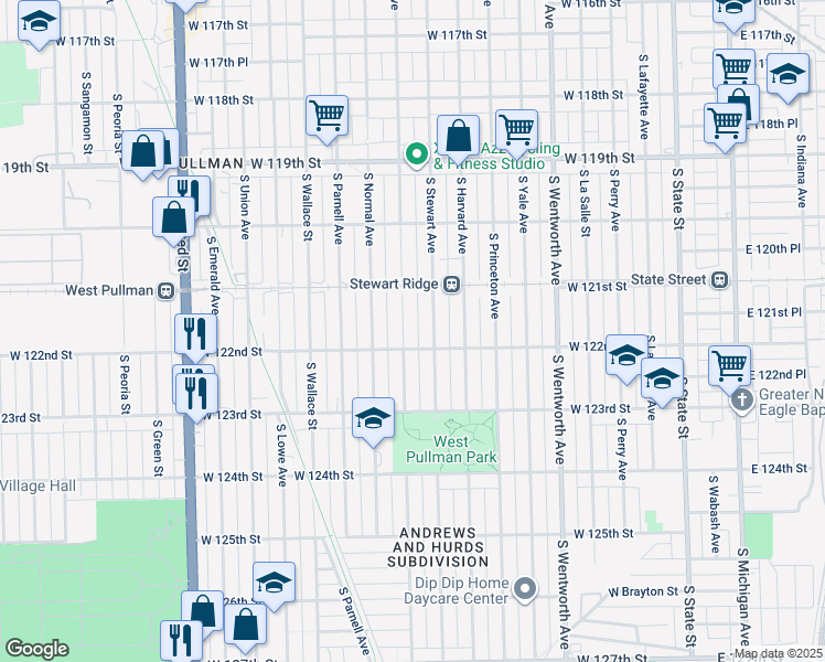 map of restaurants, bars, coffee shops, grocery stores, and more near 12143 S Eggleston Ave in Chicago