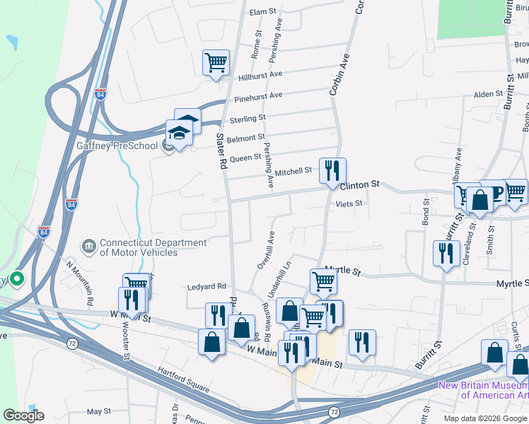 map of restaurants, bars, coffee shops, grocery stores, and more near 136 Overhill Avenue in New Britain