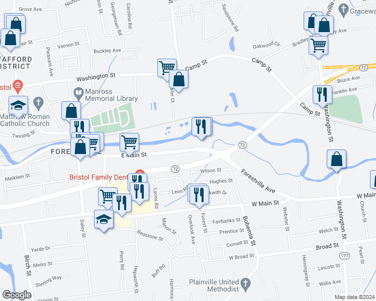 map of restaurants, bars, coffee shops, grocery stores, and more near 100 Forestville Avenue in Bristol