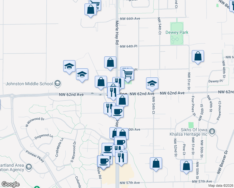 map of restaurants, bars, coffee shops, grocery stores, and more near in Johnston