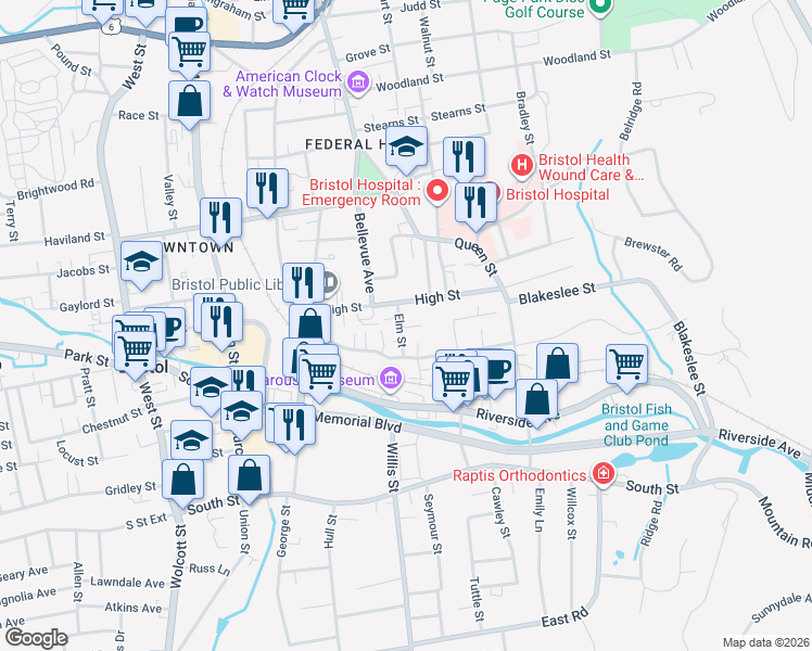 map of restaurants, bars, coffee shops, grocery stores, and more near 25 Elm Street in Bristol