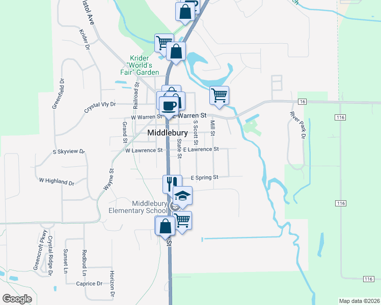 map of restaurants, bars, coffee shops, grocery stores, and more near 207 East Lawrence Street in Middlebury