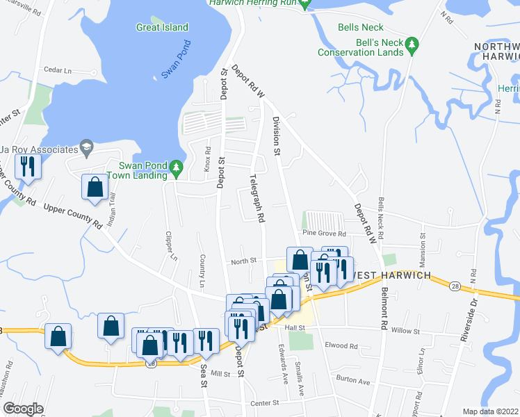 map of restaurants, bars, coffee shops, grocery stores, and more near 112b Telegraph Road in Dennis