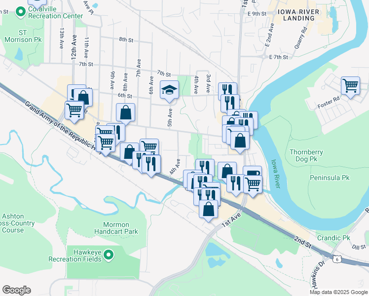 map of restaurants, bars, coffee shops, grocery stores, and more near 407 4th Avenue in Coralville
