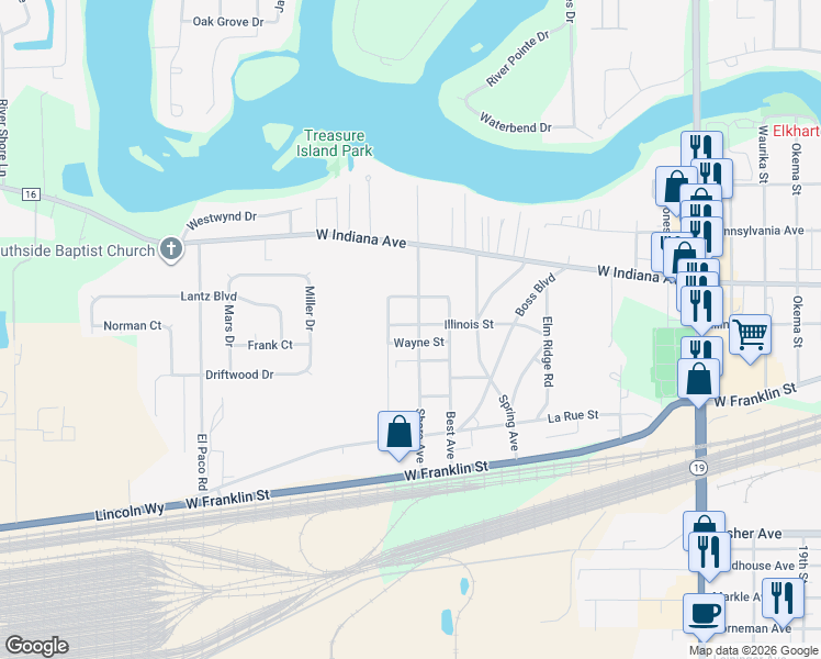 map of restaurants, bars, coffee shops, grocery stores, and more near 56561 Shore Ave in Elkhart