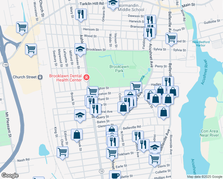 map of restaurants, bars, coffee shops, grocery stores, and more near 109 Princeton Street in New Bedford