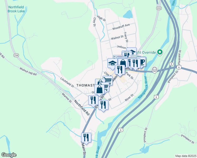 map of restaurants, bars, coffee shops, grocery stores, and more near 45 Grove Street in Thomaston