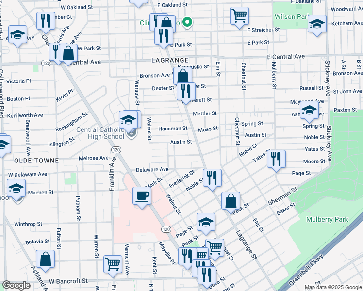 map of restaurants, bars, coffee shops, grocery stores, and more near 216 Austin St in Toledo