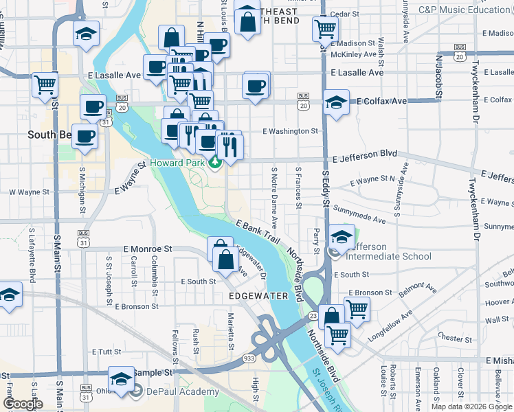 map of restaurants, bars, coffee shops, grocery stores, and more near 318 South Saint Peter Street in South Bend