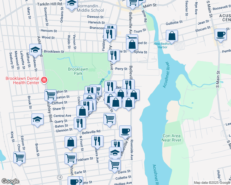 map of restaurants, bars, coffee shops, grocery stores, and more near 65 Covell Street in New Bedford