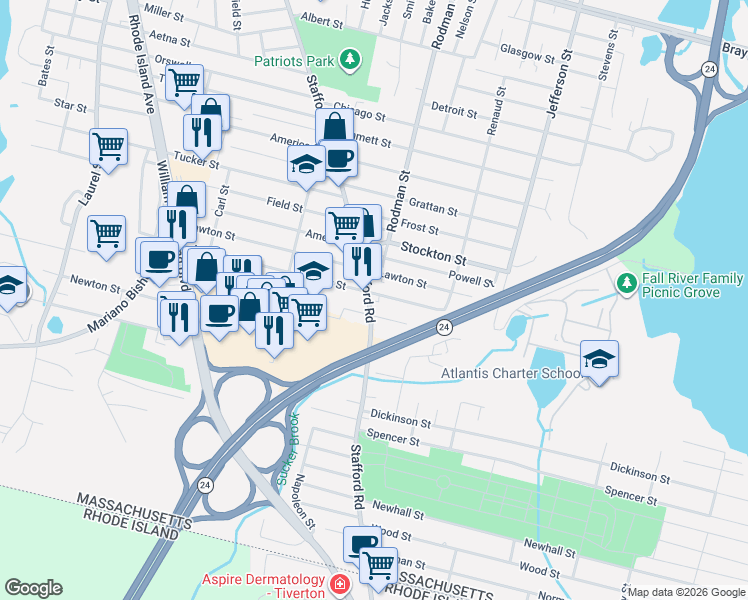 map of restaurants, bars, coffee shops, grocery stores, and more near 1187 Stafford Road in Fall River