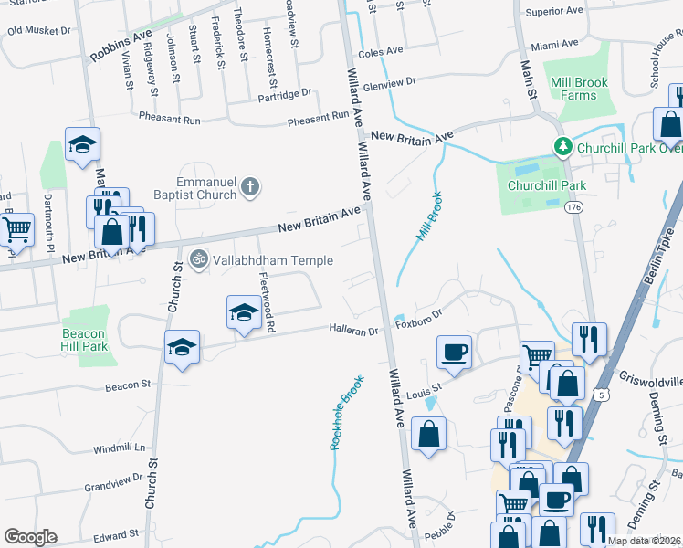 map of restaurants, bars, coffee shops, grocery stores, and more near 1431 Willard Avenue in Newington