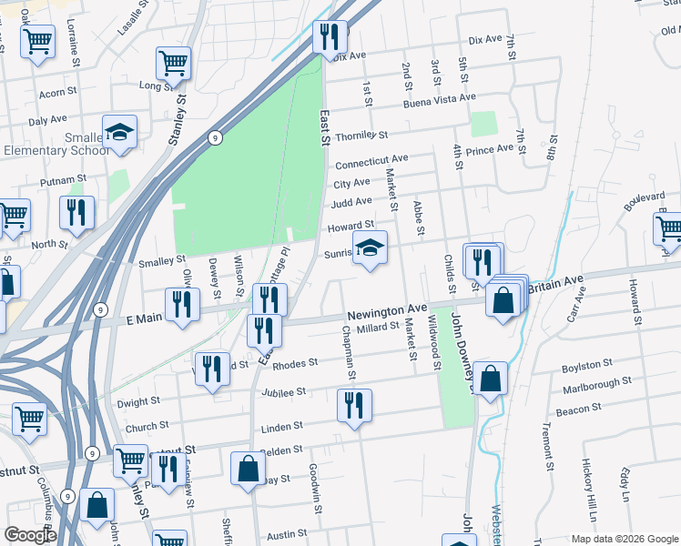 map of restaurants, bars, coffee shops, grocery stores, and more near 39 Chapman Court in New Britain