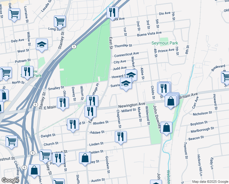 map of restaurants, bars, coffee shops, grocery stores, and more near 39 Chapman Court in New Britain