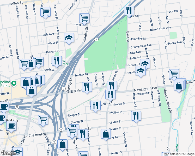 map of restaurants, bars, coffee shops, grocery stores, and more near 8 Bronson Street in New Britain
