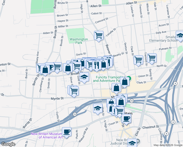 map of restaurants, bars, coffee shops, grocery stores, and more near 106 Broad Street in New Britain