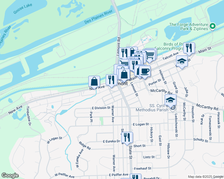 map of restaurants, bars, coffee shops, grocery stores, and more near 216 Lockport Street in Lemont