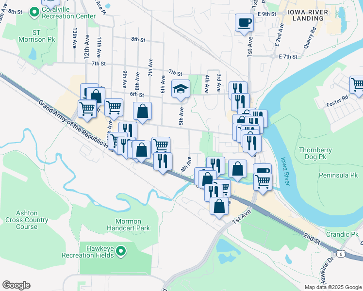 map of restaurants, bars, coffee shops, grocery stores, and more near 434 4th Avenue in Coralville