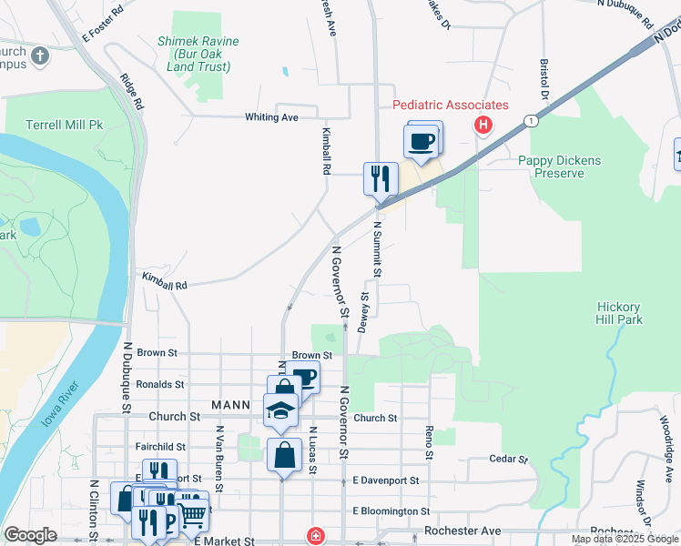 map of restaurants, bars, coffee shops, grocery stores, and more near 1018 North Governor Street in Iowa City