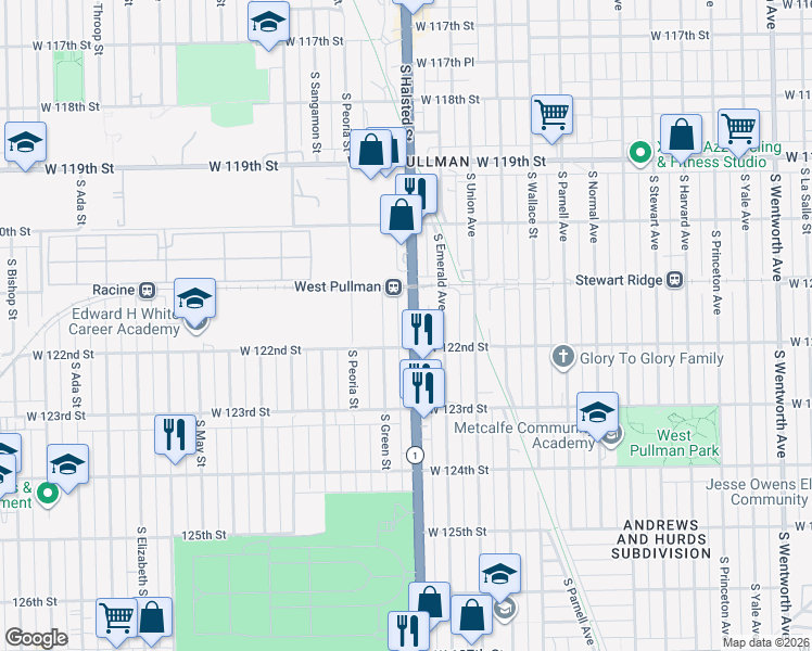 map of restaurants, bars, coffee shops, grocery stores, and more near 12134 South Halsted Street in Chicago