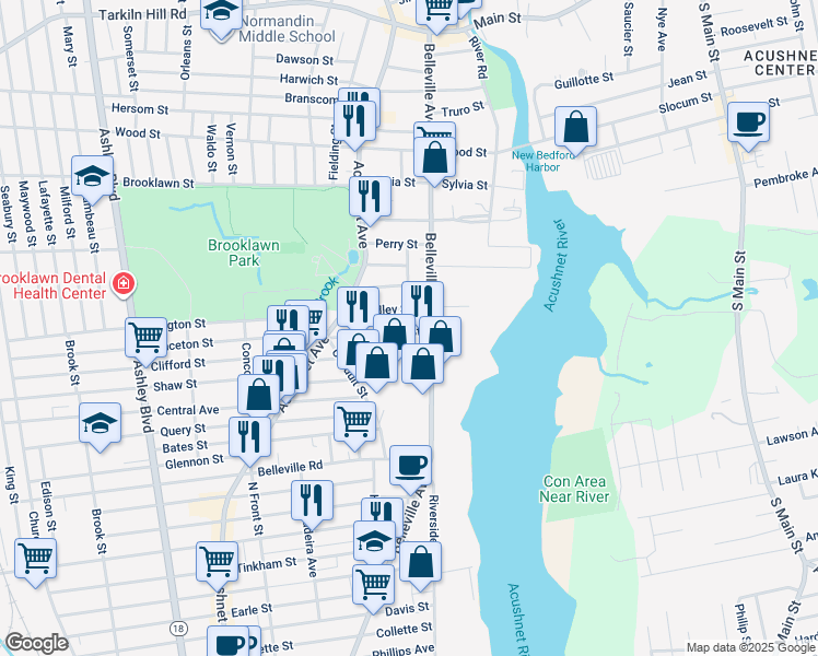 map of restaurants, bars, coffee shops, grocery stores, and more near 23 Covell Street in New Bedford