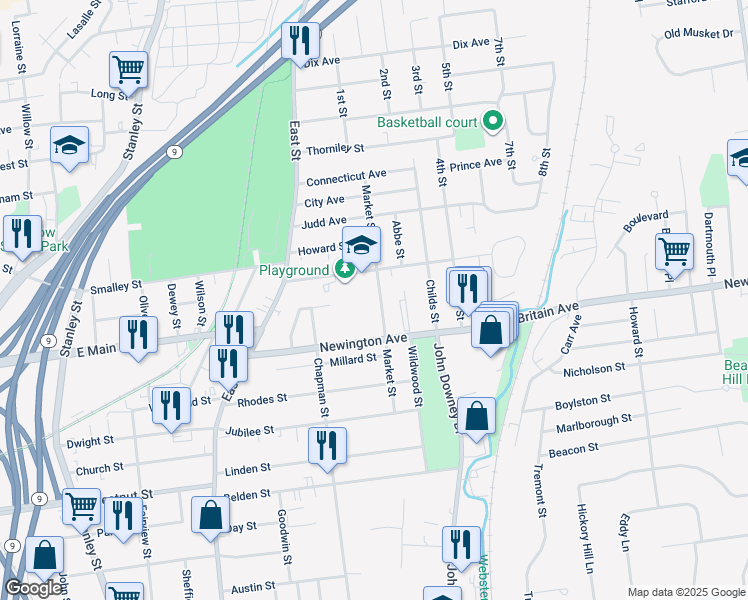 map of restaurants, bars, coffee shops, grocery stores, and more near 134 Market Street in New Britain