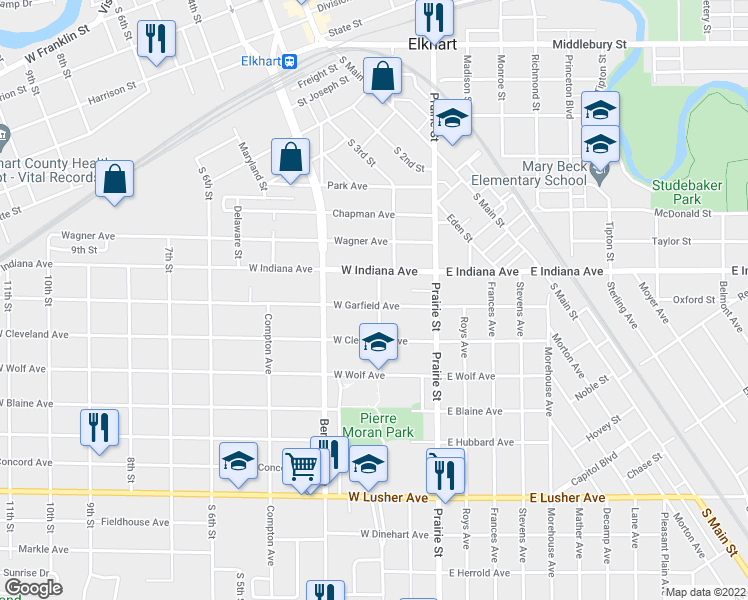 map of restaurants, bars, coffee shops, grocery stores, and more near 200 West Garfield Avenue in Elkhart