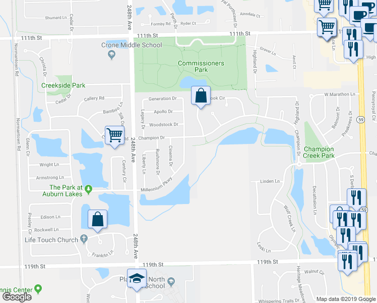 map of restaurants, bars, coffee shops, grocery stores, and more near 11641 Millennium Parkway in Plainfield